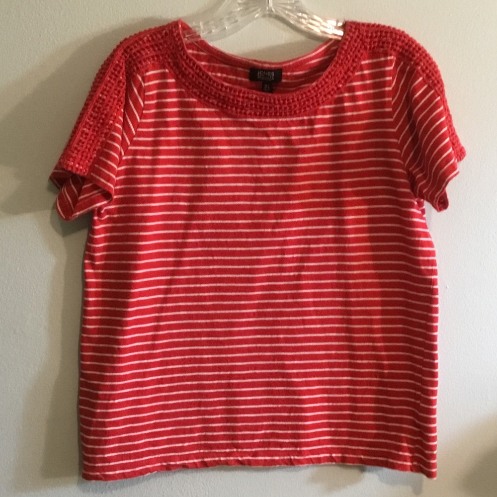 Jones New York Red & White Striped with Crochet-Shoulder Accent Short Sleeve Top